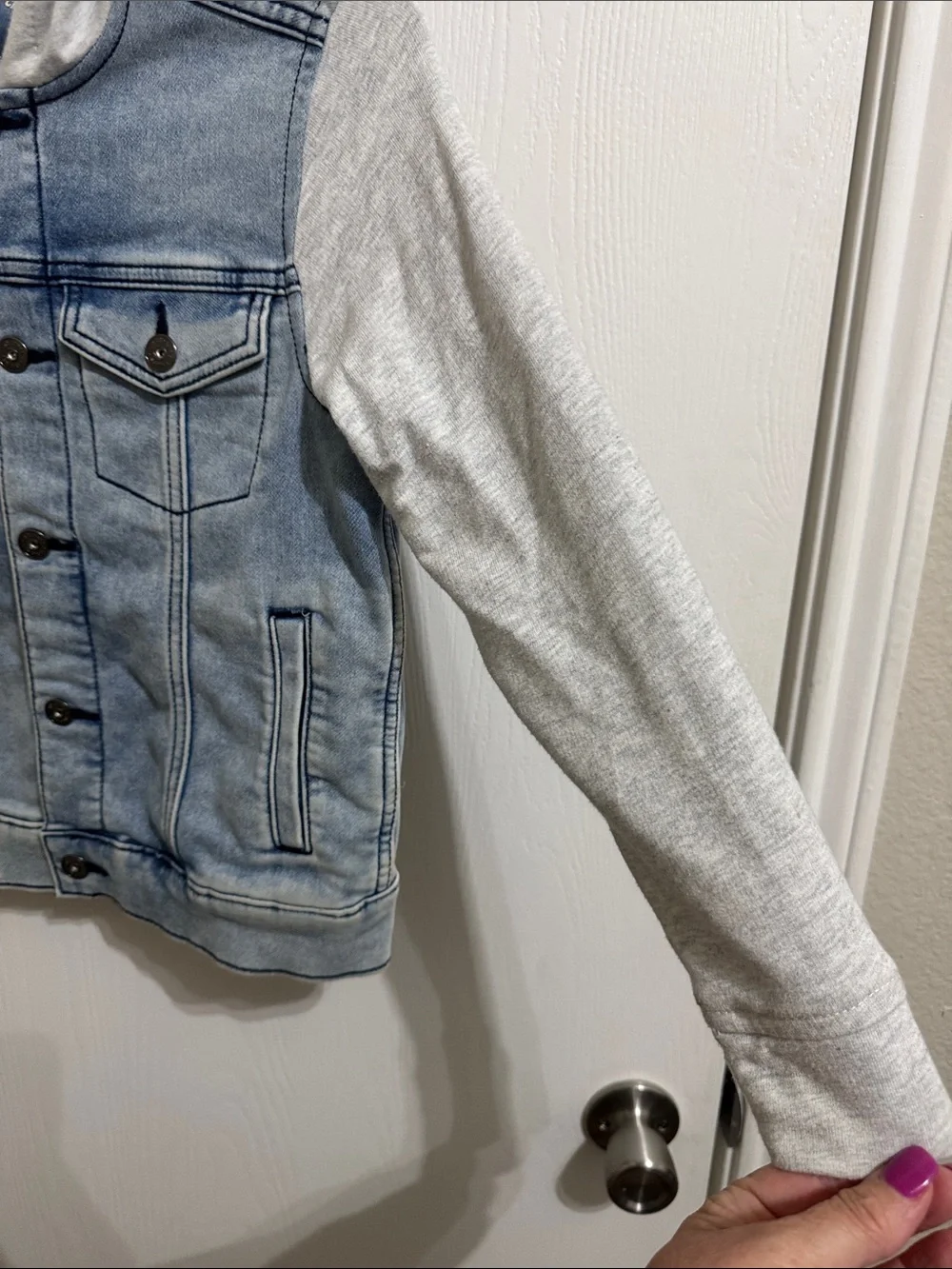 Children’s Denim Art Class Denim Jacket Fleece Sleeves Hood Button Up Small 6-7
